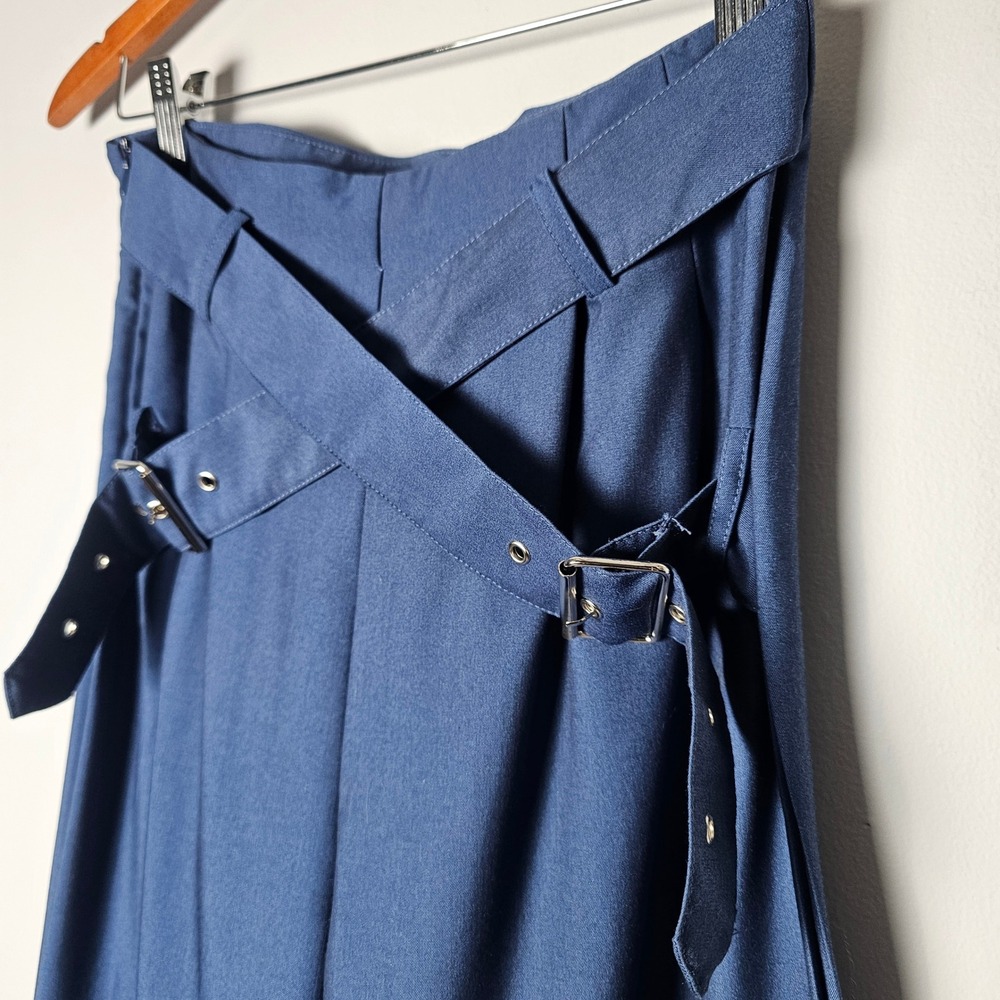 Cider Navy High Waist Wide Leg Belted Pants Criss Cross Buckle Dark Academia M - Picture 4 of 9